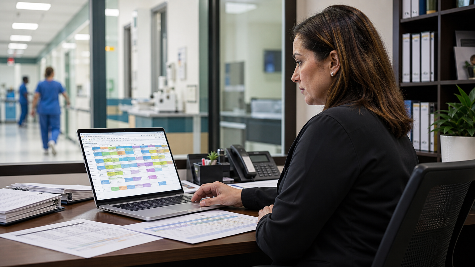 Healthcare manager reviewing a shift roster on a laptop in a hospital office