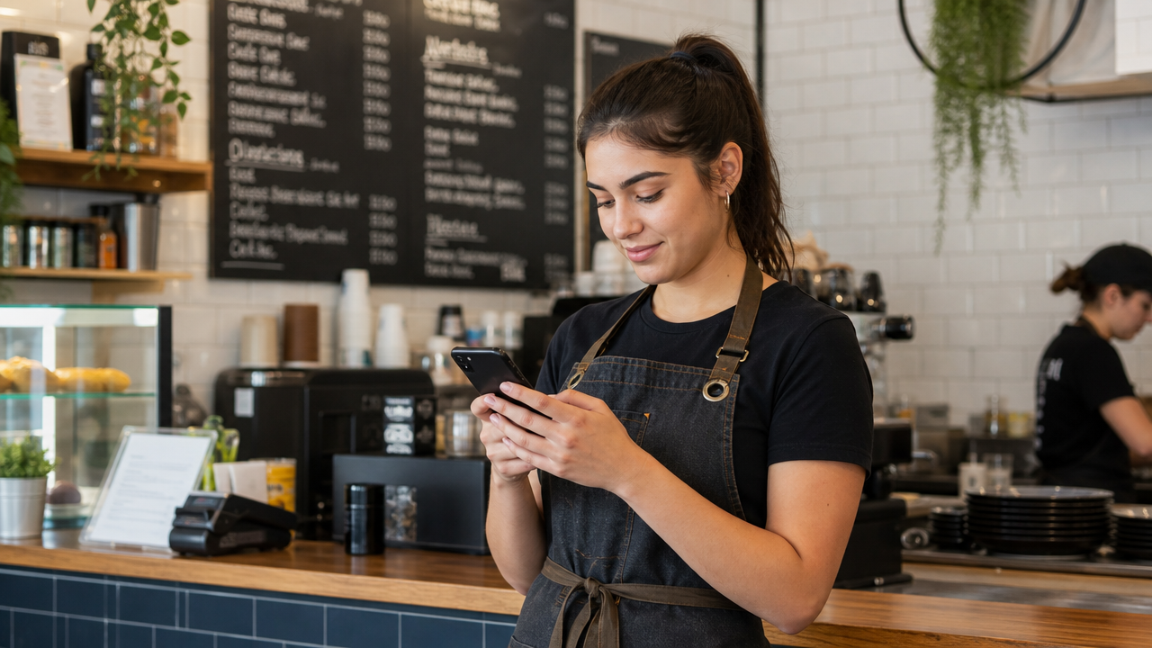 Young hospitality worker checking their work schedule on a smartphone in a modern Australian cafe