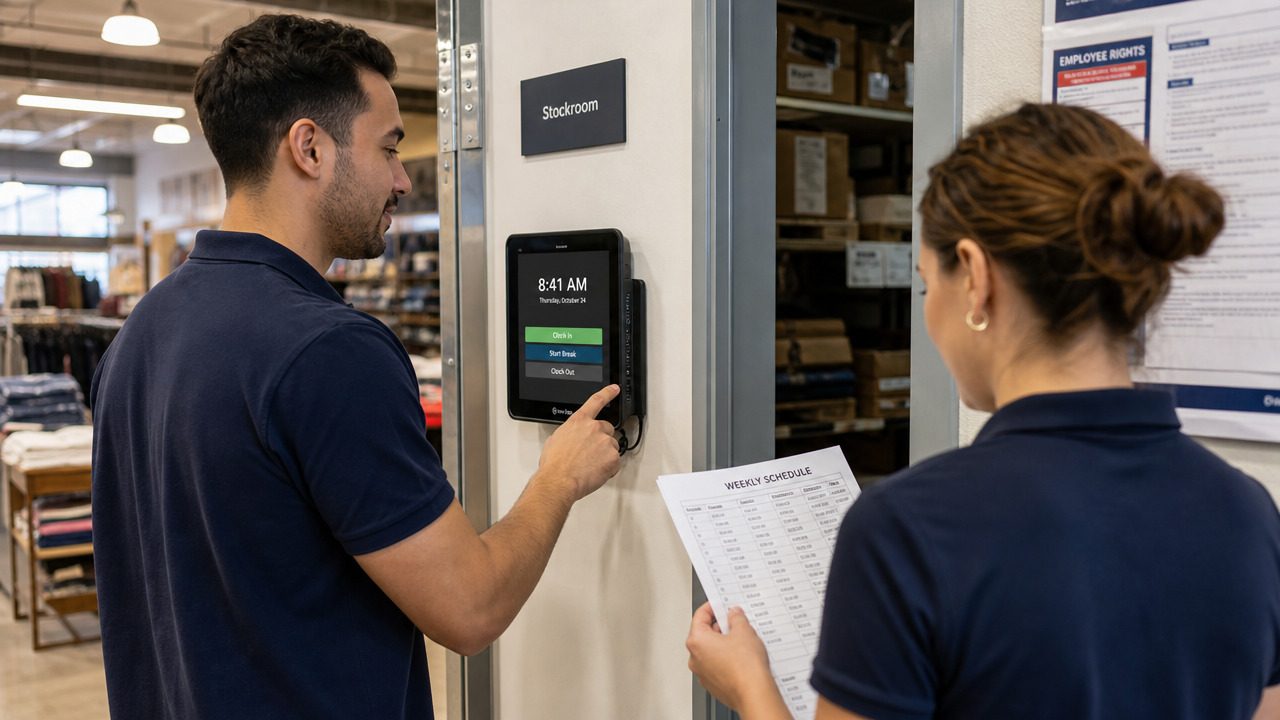 Retail employee clocking in on a wall-mounted tablet time clock kiosk while a coworker checks a shift schedule