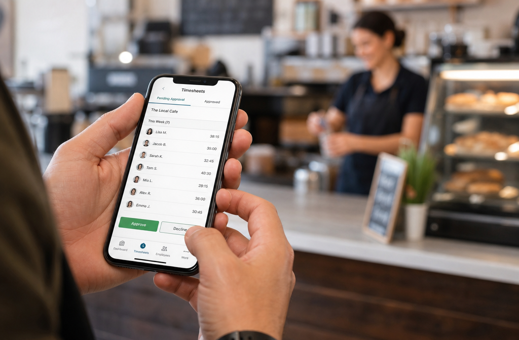 Cafe manager using a smartphone app to approve employee timesheets