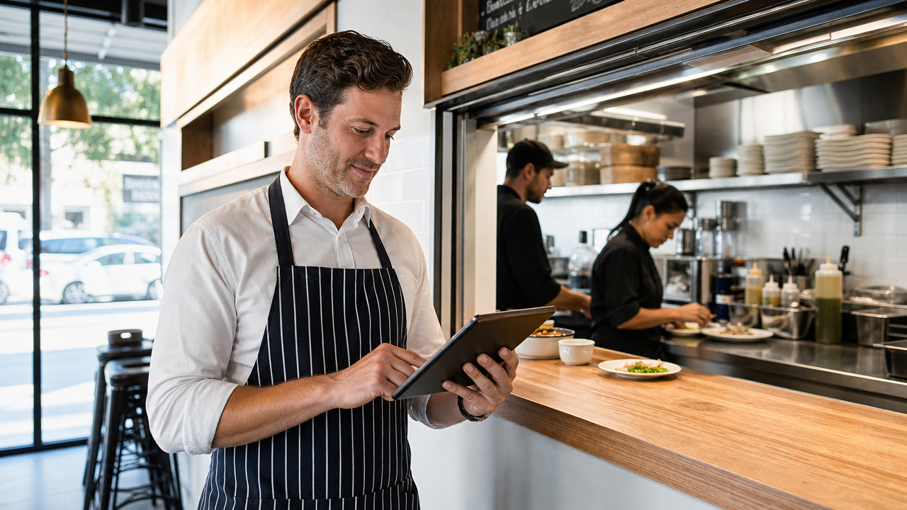 Restaurant manager checking a tablet roster with kitchen staff preparing for service in an Australian cafe