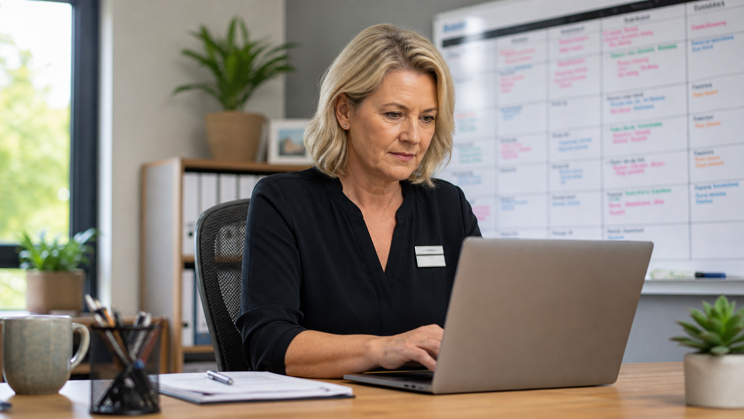 Aged care facility manager reviewing a staff roster on a laptop