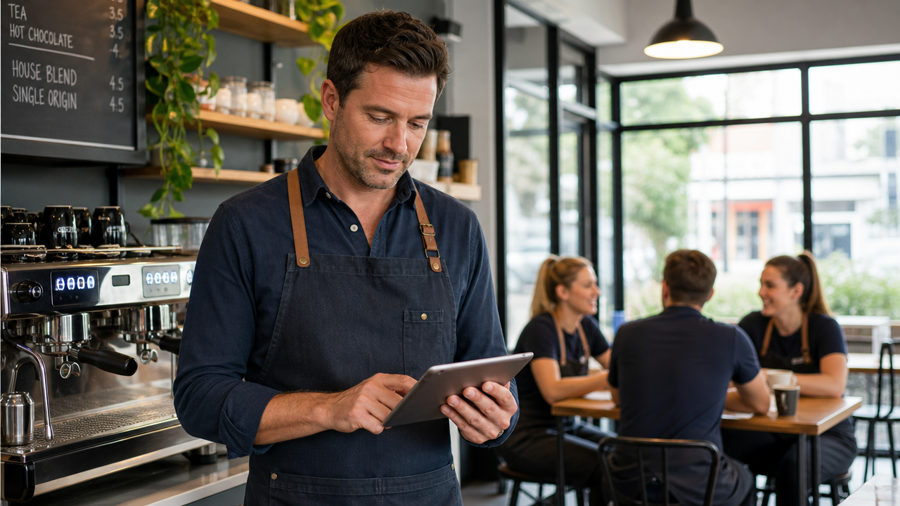 Cafe manager reviewing staff roster on a tablet while team members take their break in the background