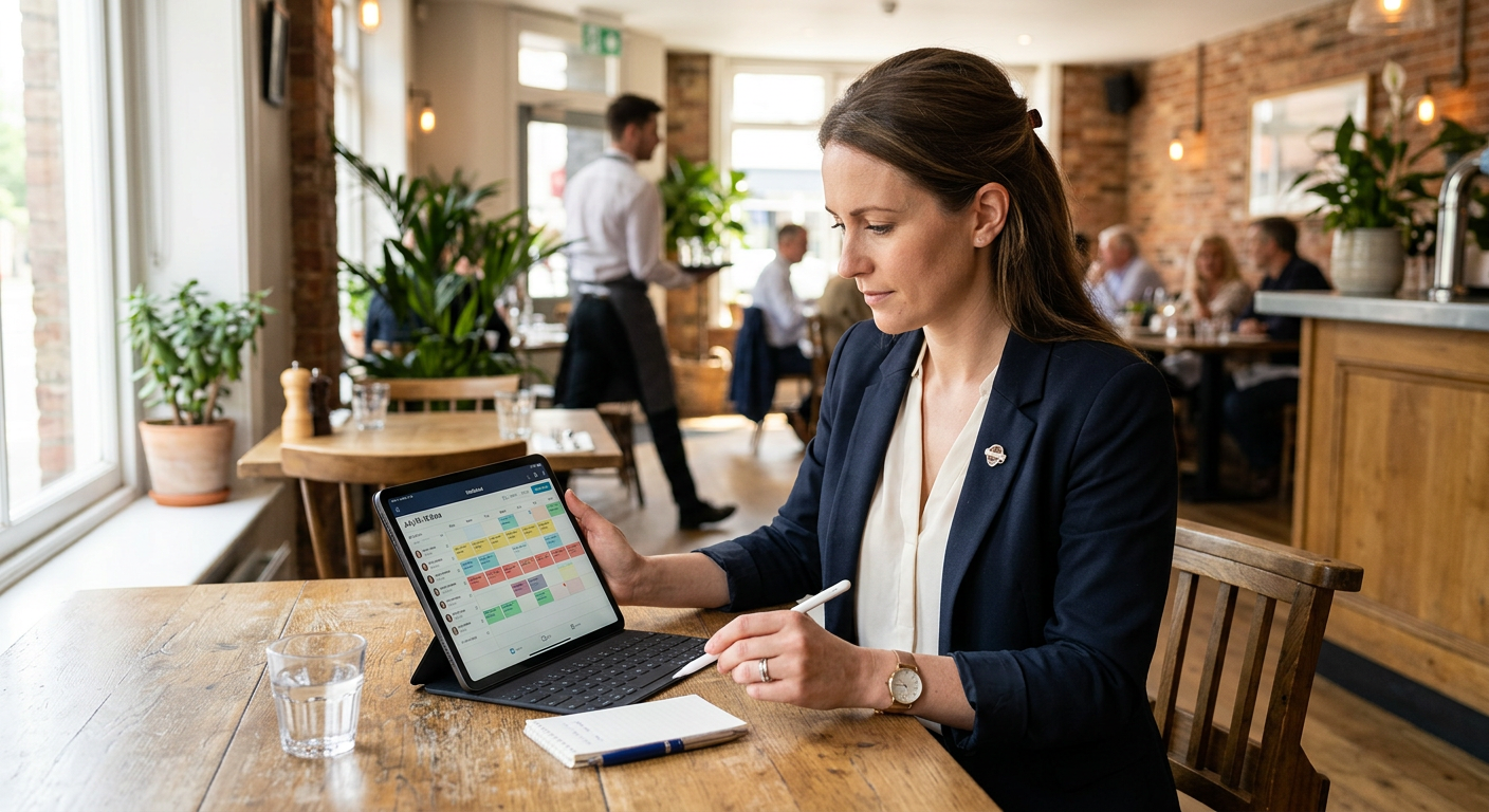 A restaurant manager building a staff rota on a tablet at a table in a bright dining room