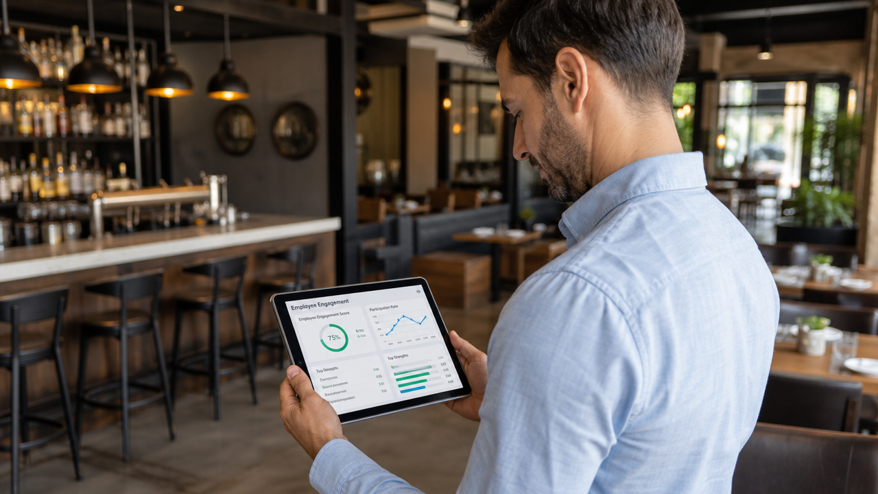 A hospitality manager reviewing an employee engagement dashboard on a tablet in a modern restaurant setting