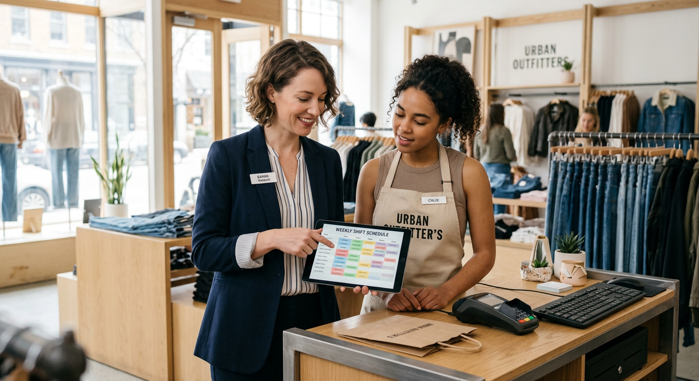 Retail store manager and part-time associate reviewing a shift schedule on a tablet at the checkout counter