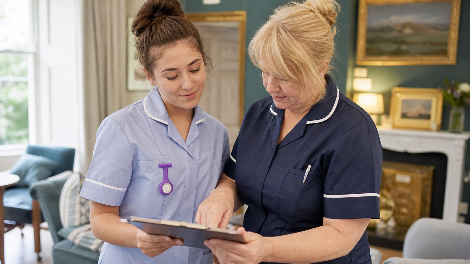 Worker receiving training from a colleague in a care setting