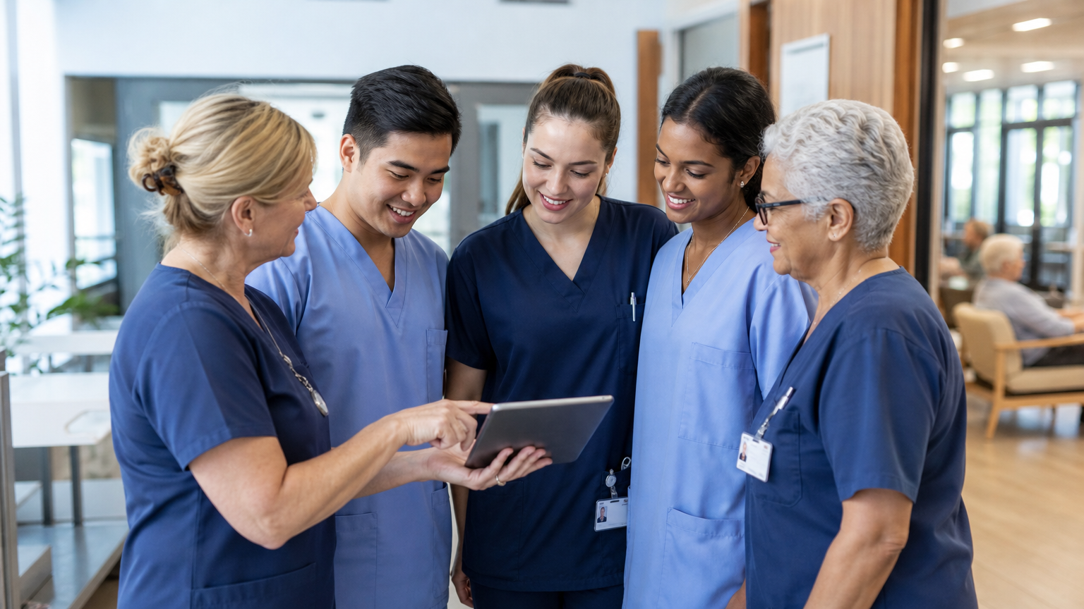 Aged care team during a shift handover meeting