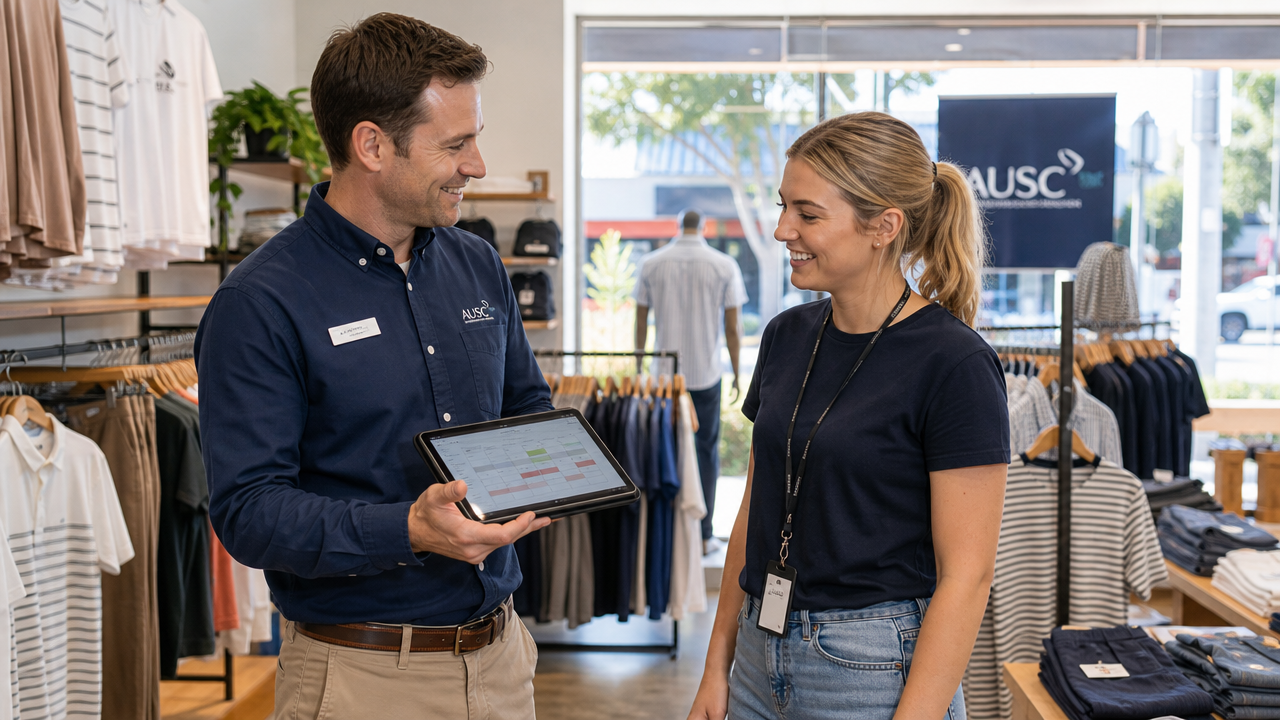 A retail store manager welcoming and onboarding a new sales assistant on the shop floor, showing a roster on a tablet