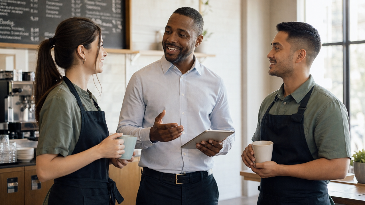 Hospitality manager conducting a pre-shift huddle with two team members in a cafe, warm morning light