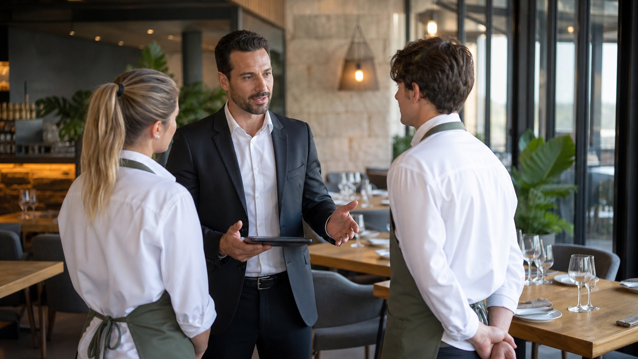 Restaurant manager briefing waitstaff before service