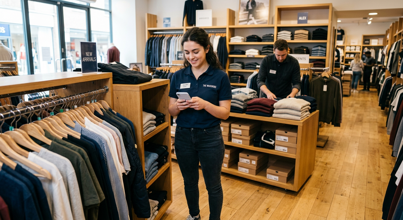 Retail shop worker checking their shift schedule on a smartphone while a colleague restocks shelves