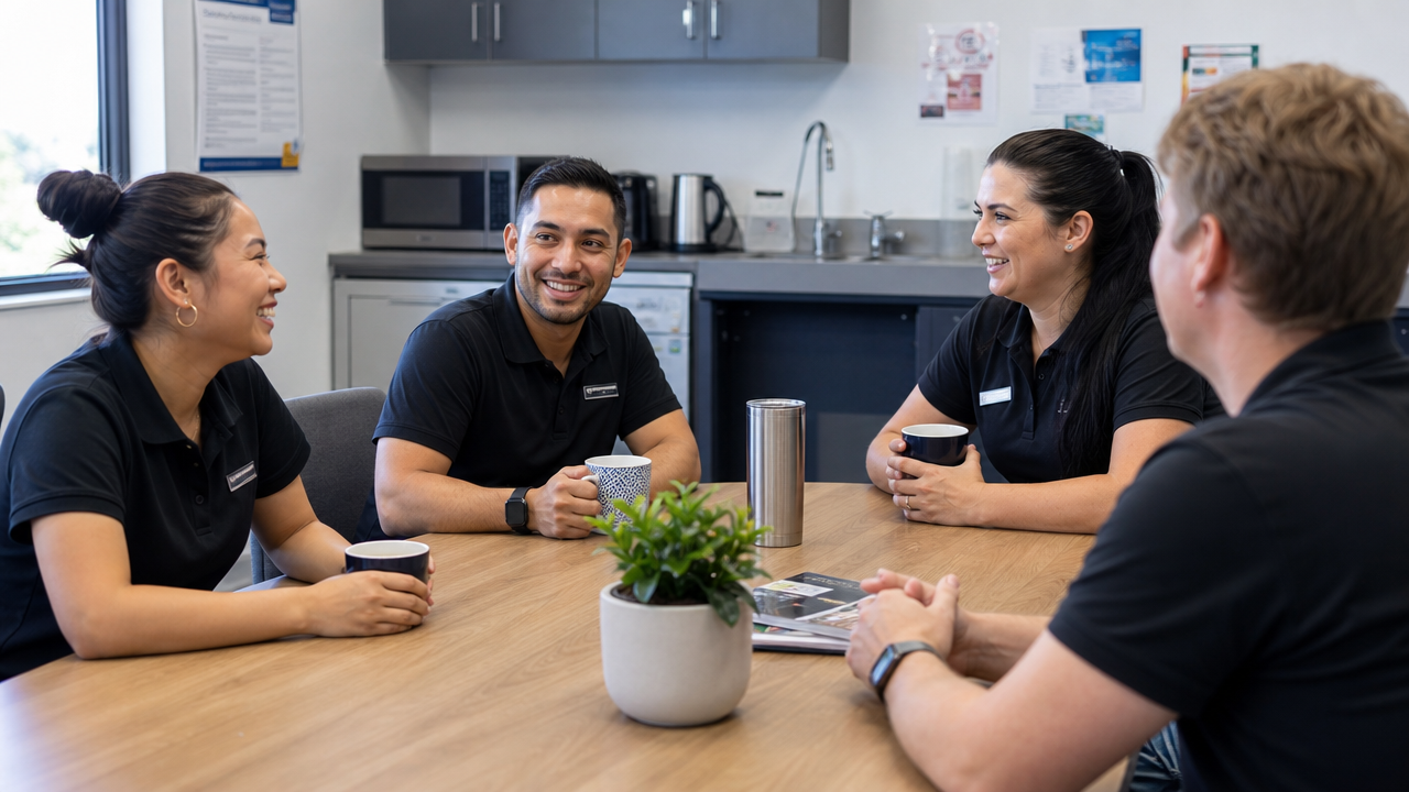Diverse team of retail workers taking a break together in a modern Australian staff room