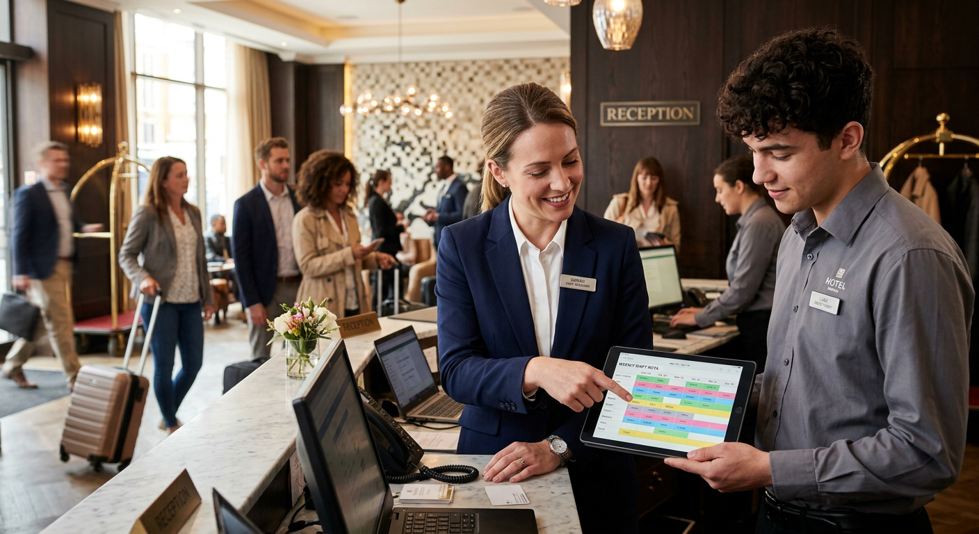 A hotel duty manager and a team member going over the shift rota on a tablet behind a hotel reception desk