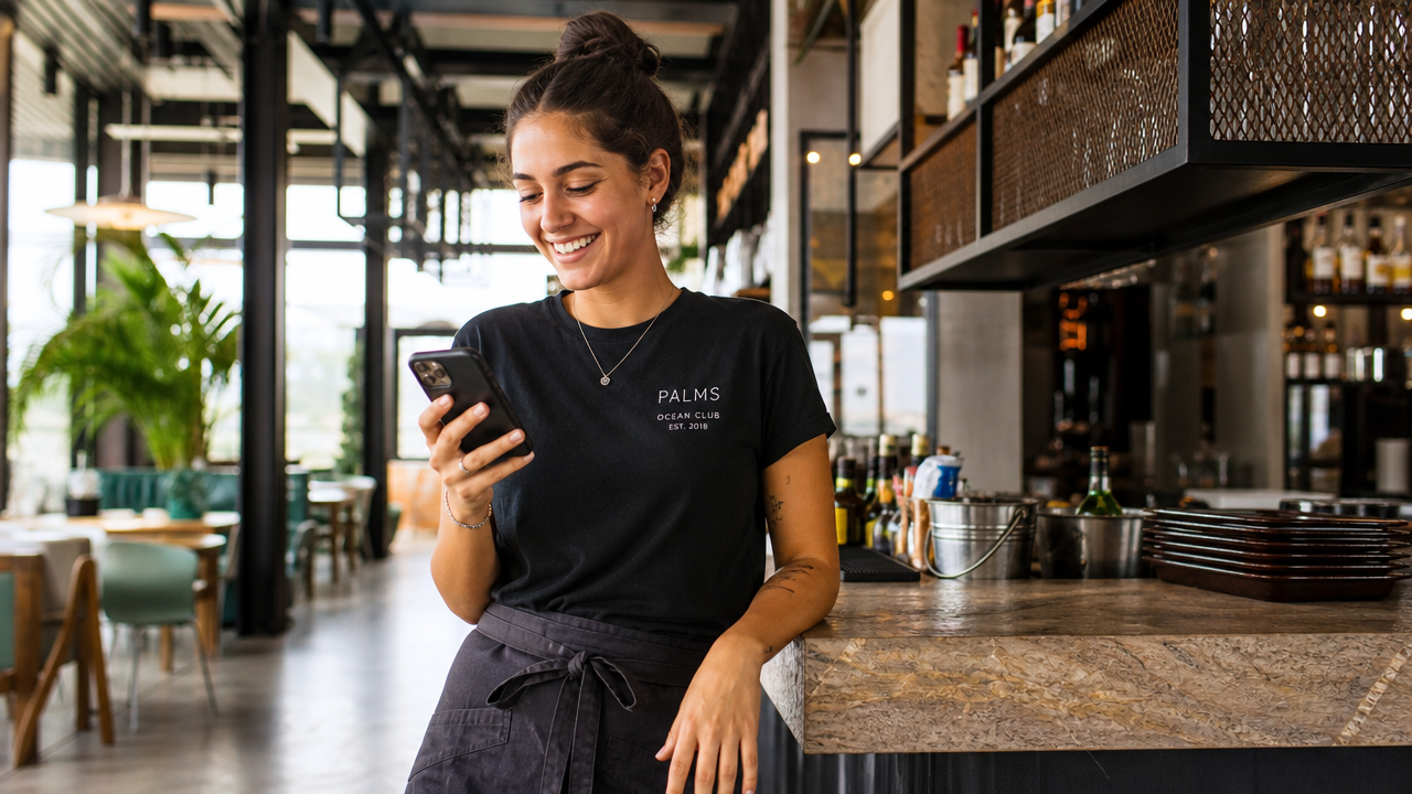 Young shift worker checking their work roster on a smartphone in a hospitality setting