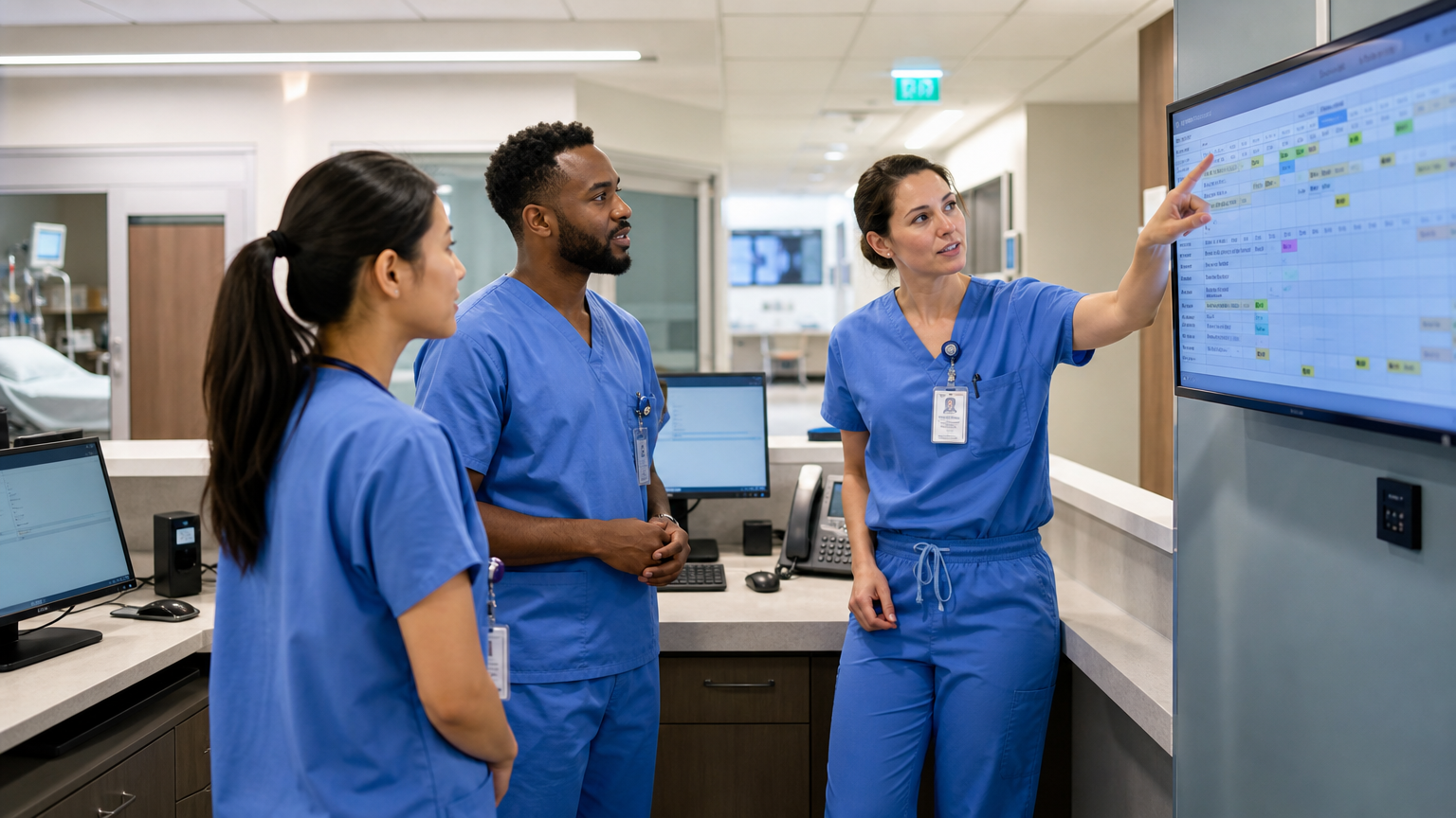 Healthcare workers reviewing a shift roster at a nurses station