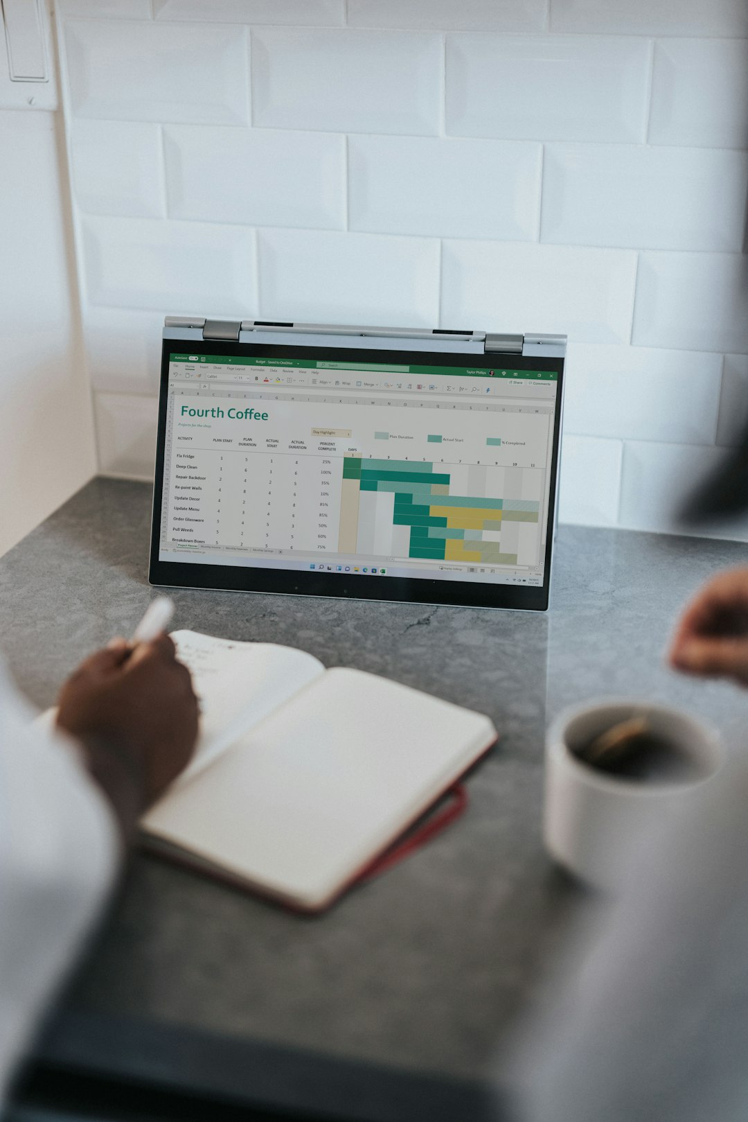 Restaurant manager analysing sales and staffing data to forecast customer demand