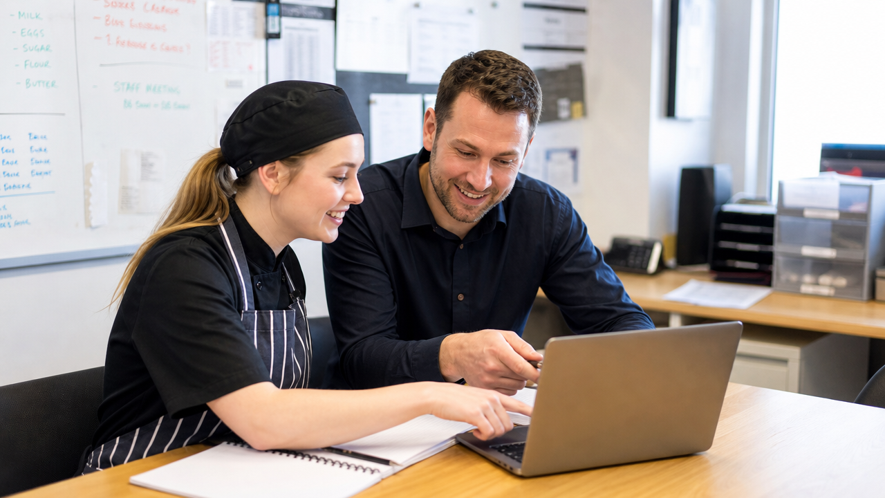 A restaurant manager and a staff member reviewing a weekly staff roster together on a laptop