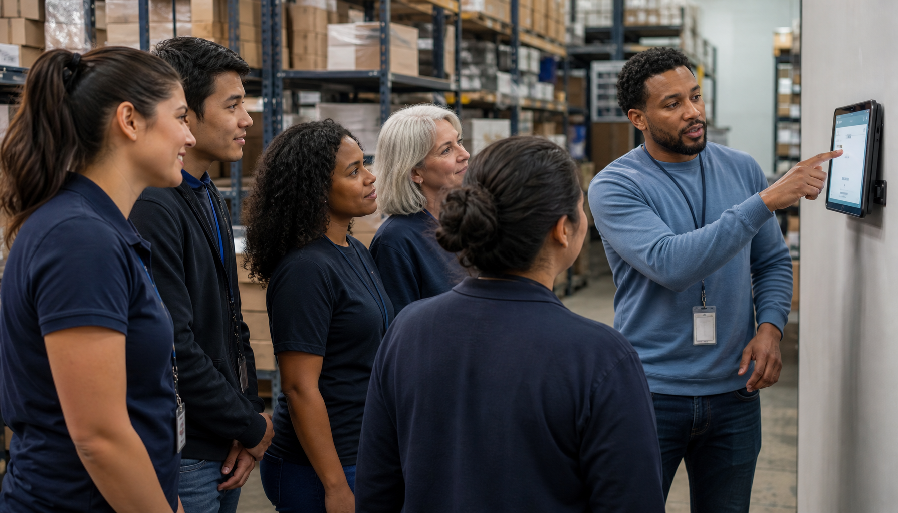 Retail employees gathered around a supervisor demonstrating a time clock kiosk in a stockroom