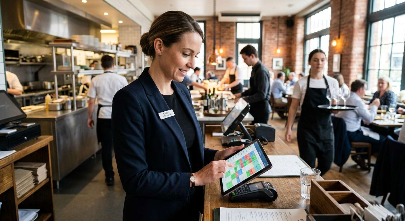 A restaurant floor manager reviews a staff schedule on a tablet at the service counter while team members work in the background