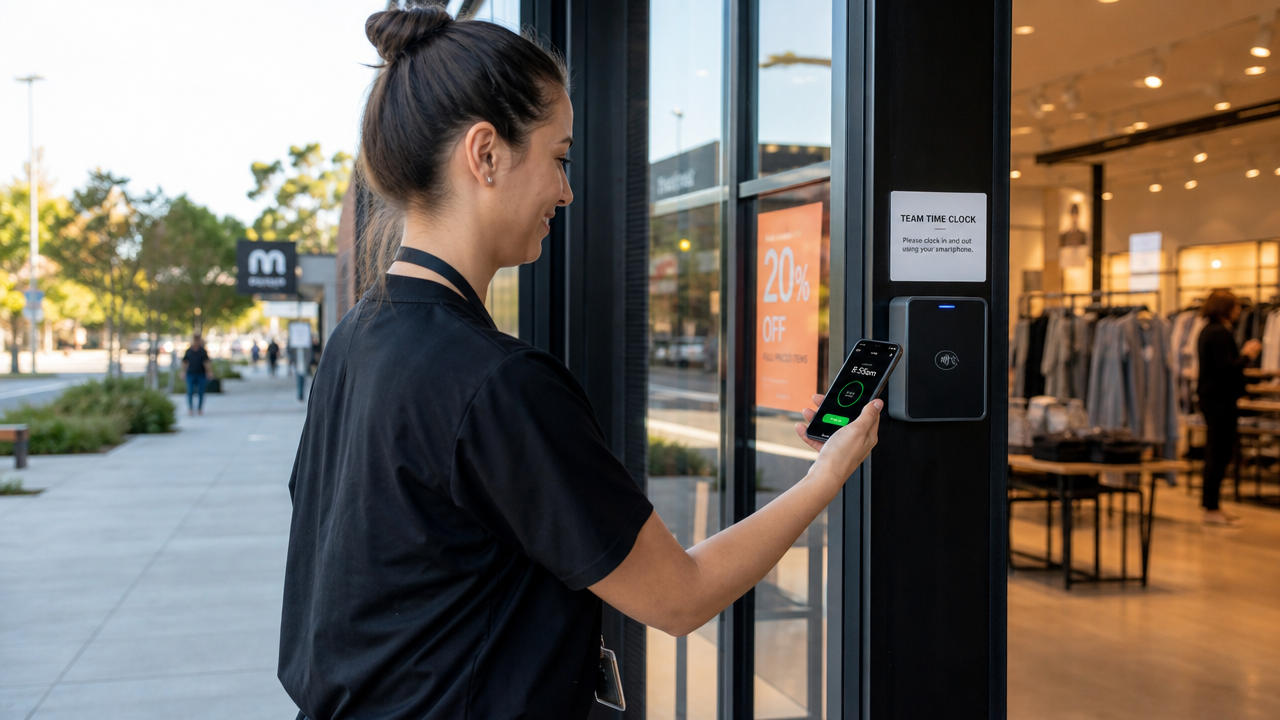 Retail employee clocking in on their smartphone at a store entrance