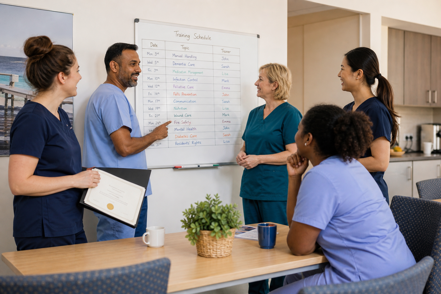 Aged care team reviewing training schedule on a whiteboard in a staff break room