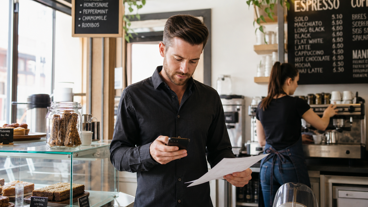 A cafe duty manager checks the staff rota on a smartphone during a busy shift