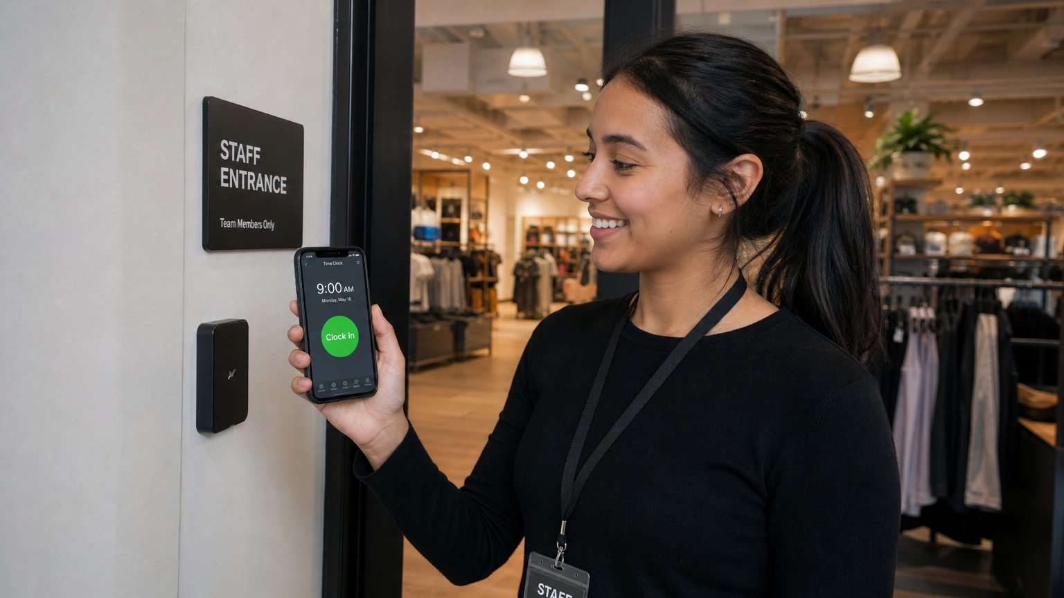 A retail employee clocking in on their smartphone at the start of their shift near a staff entrance