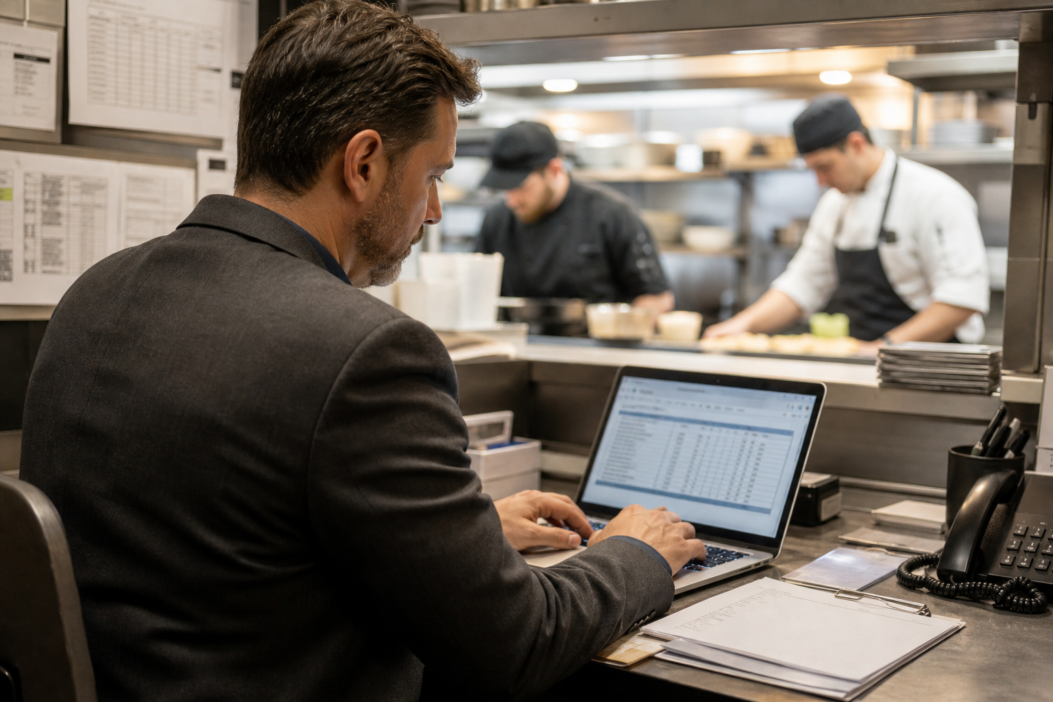 Hospitality manager reviewing employee timesheets at a back-of-house desk