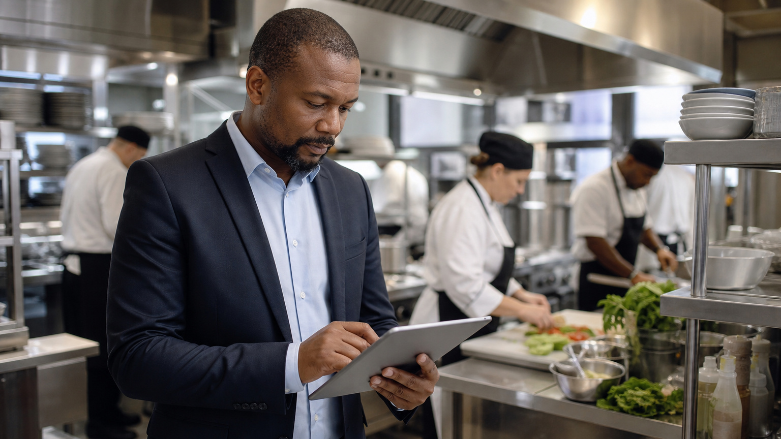 Restaurant manager reviewing digital timesheets on a tablet in a commercial kitchen