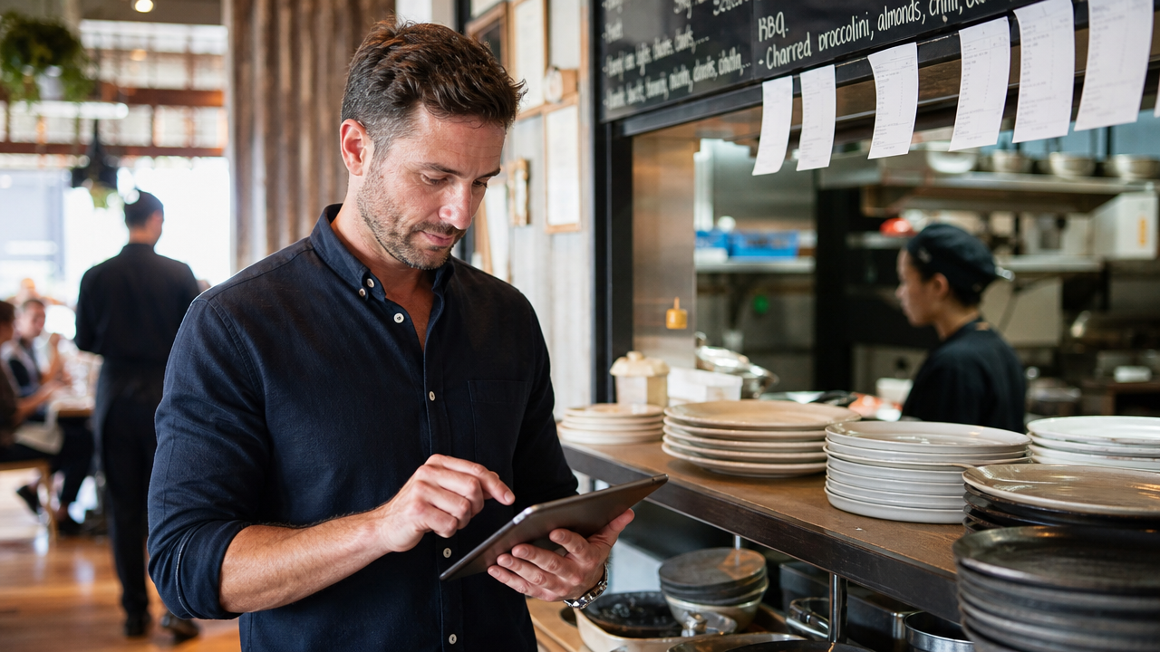 Restaurant manager reviewing a digital staff roster on a tablet near the kitchen pass during a busy lunch service