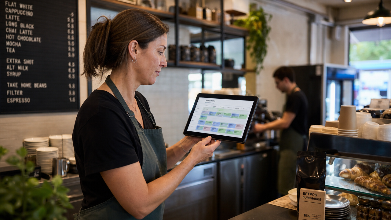 A cafe manager reviewing a weekly staff roster on a tablet behind a coffee counter during morning service