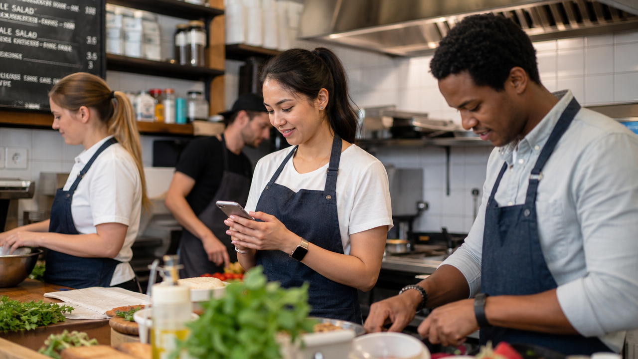 Hospitality workers in a busy cafe kitchen checking shift updates on a phone