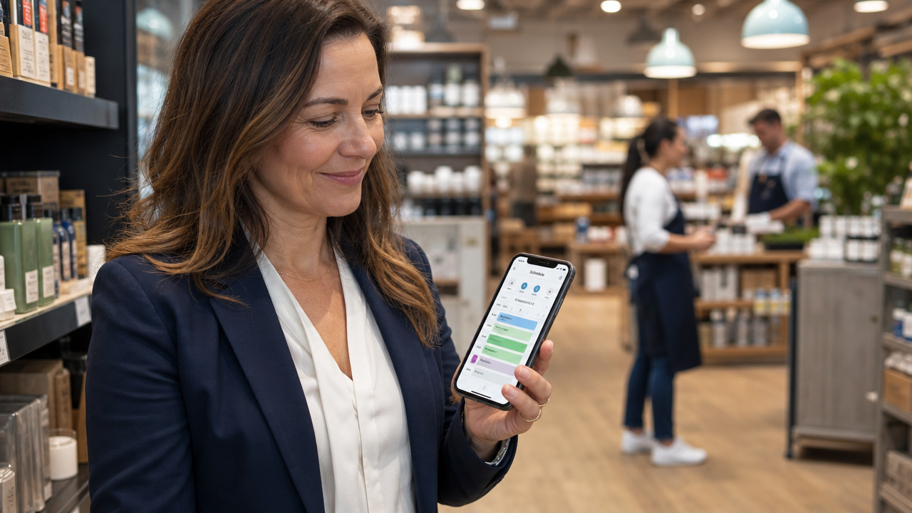 A retail manager checking a scheduling app on their mobile phone on the shop floor
