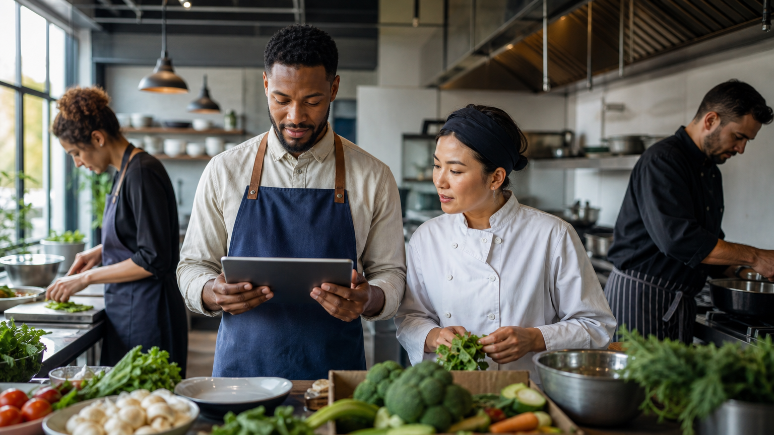 Hospitality workers in a restaurant kitchen reviewing a schedule during morning prep