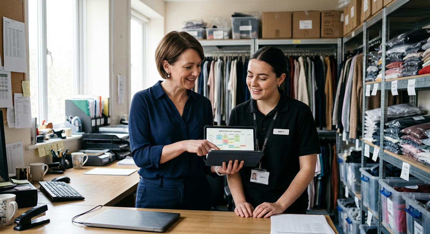 A retail shop manager and a team member reviewing a staff rota on a tablet in a stockroom