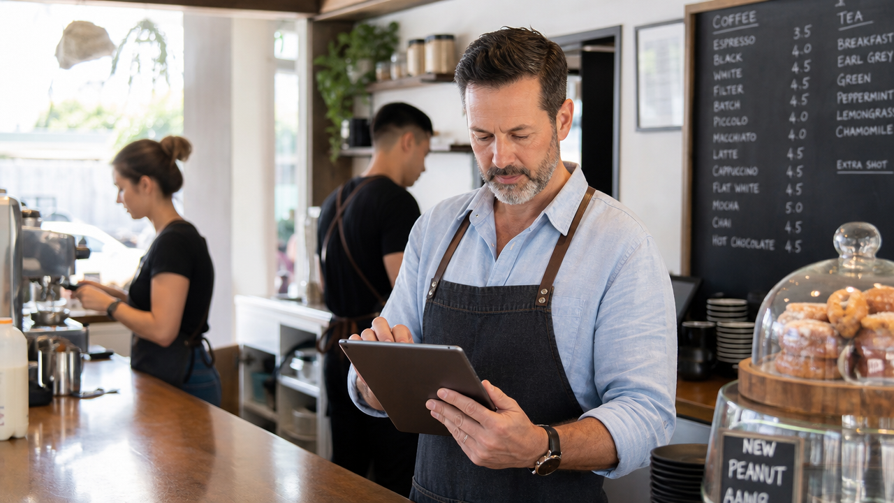 Cafe manager in an apron reviewing staff timesheets and rosters on a tablet at the counter of a busy cafe