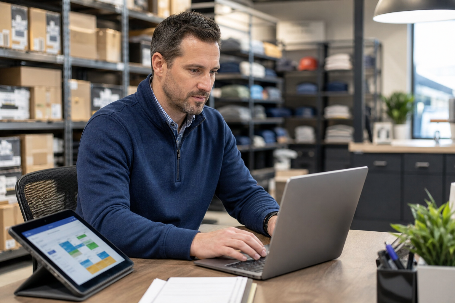 Retail manager reviewing an employee schedule on a laptop in a store back office