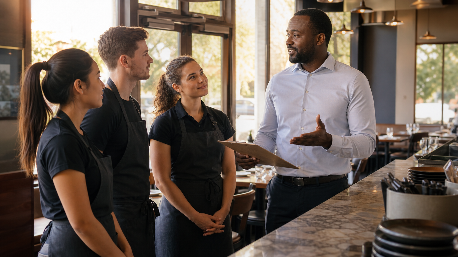 Restaurant shift supervisor conducting a team briefing with staff before service