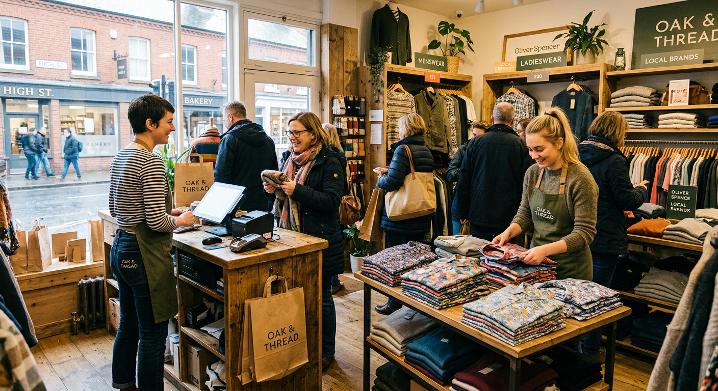 Two retail assistants in aprons serving customers on a busy shop floor, one at the till and one folding stock
