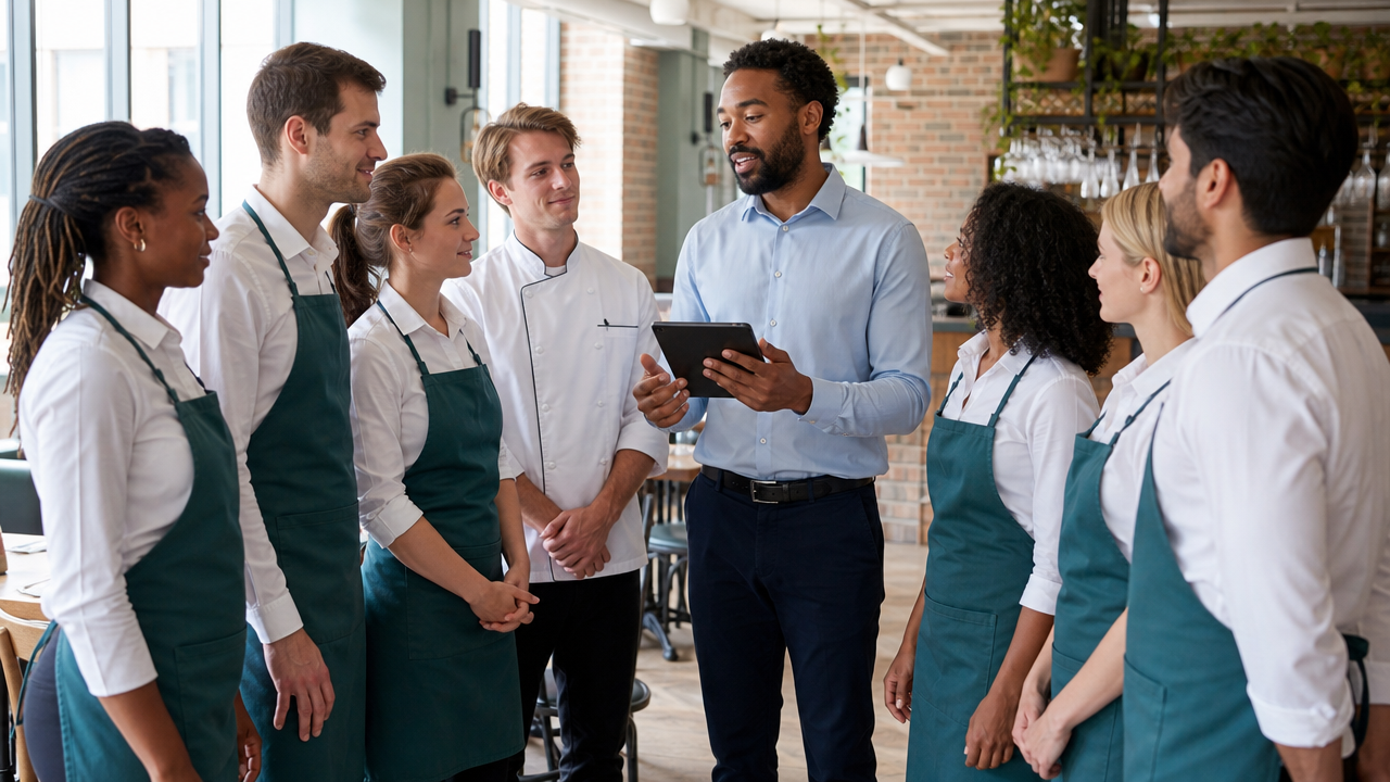 A diverse hospitality team gathered around a manager holding a tablet during a pre-shift team meeting