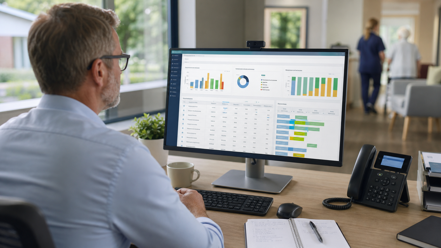 Aged care facility manager reviewing workforce analytics on a computer screen