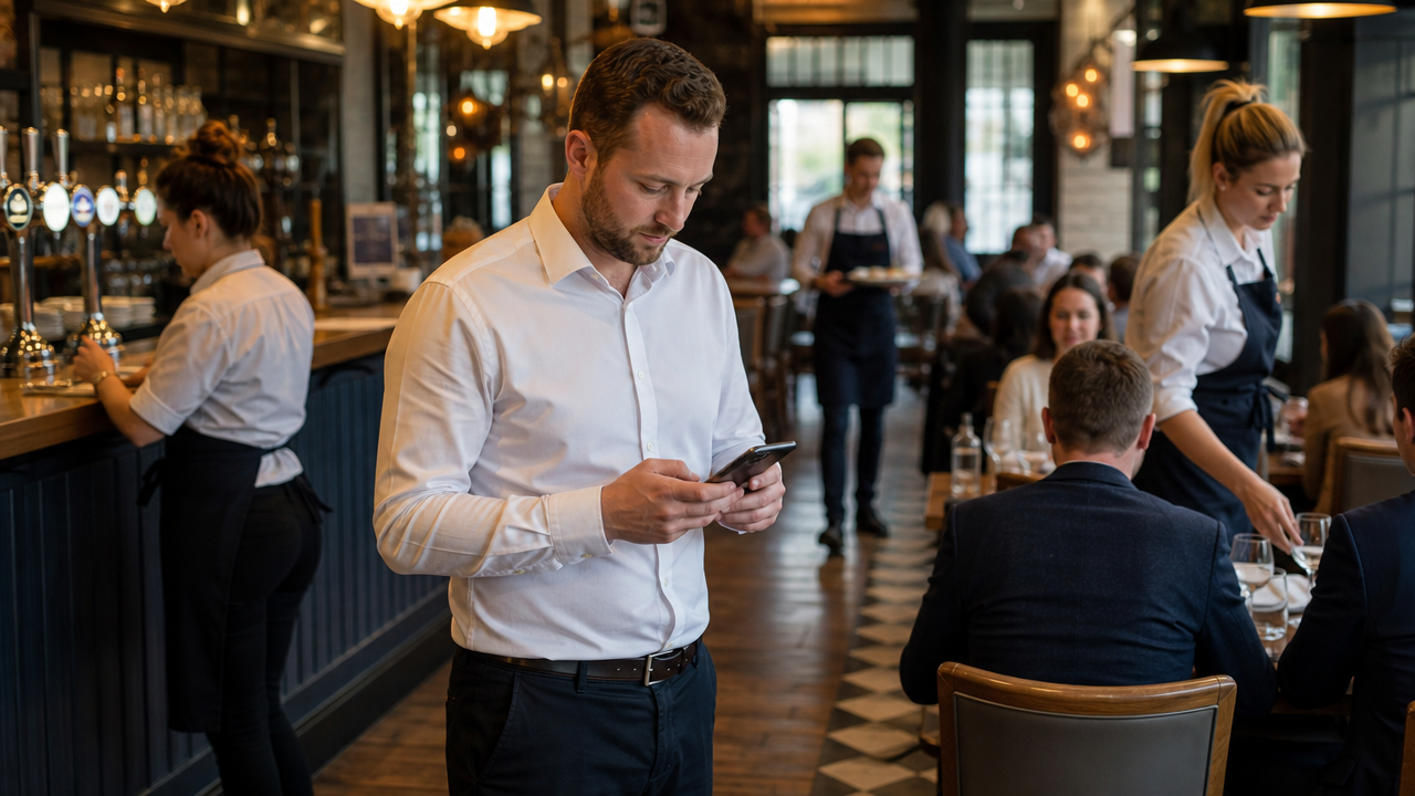 Restaurant supervisor checking a phone for shift cover during service on the floor