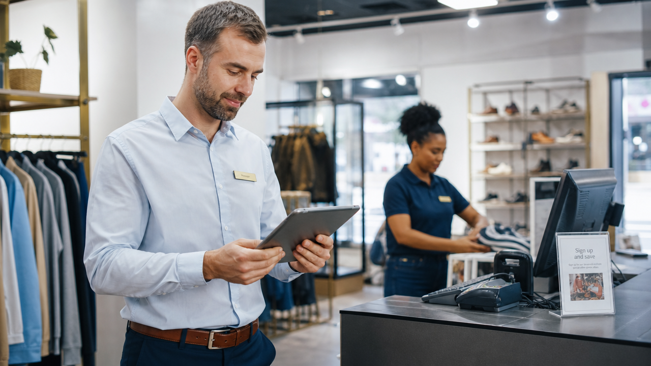 Retail store manager using a tablet to review employee timesheets near a POS counter in a professional retail environment