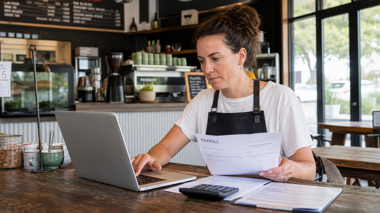 Small business owner reviewing payroll documents on a laptop in a cafe setting with a calculator and papers nearby