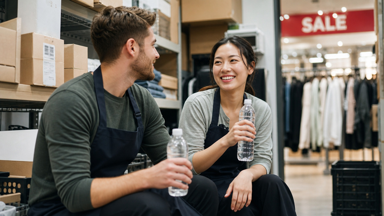Two retail workers in aprons taking a short rest break in a store back room during a busy sale day, smiling and holding water bottles