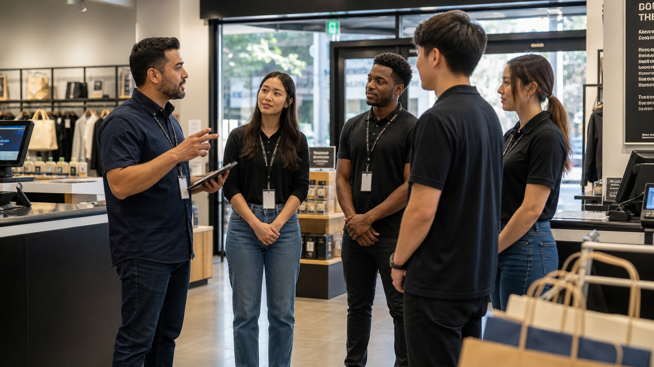 Retail team in a morning huddle near the store entrance before opening as the manager assigns roles to staff