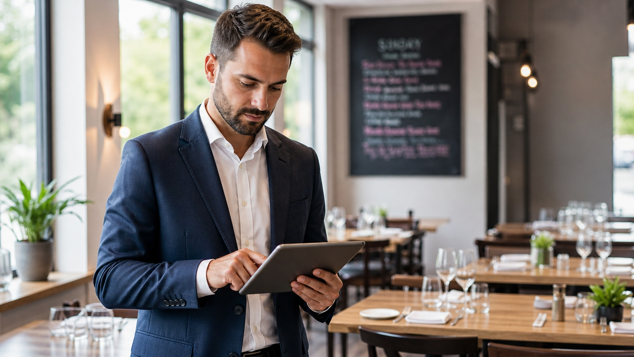 Restaurant manager reviewing a team roster on a tablet in a modern dining area