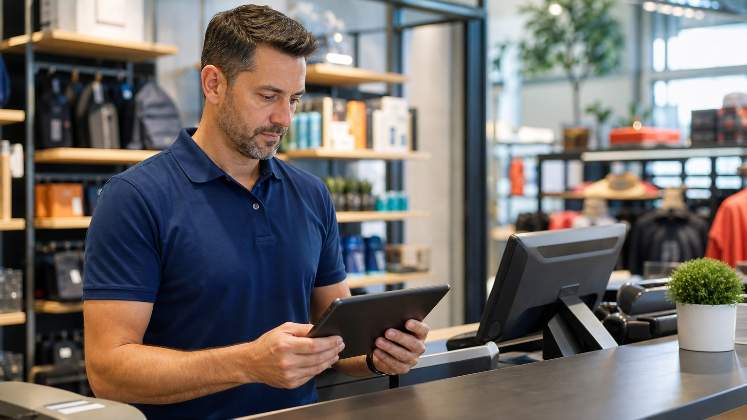 Retail store manager reviewing employee schedule on tablet at checkout counter