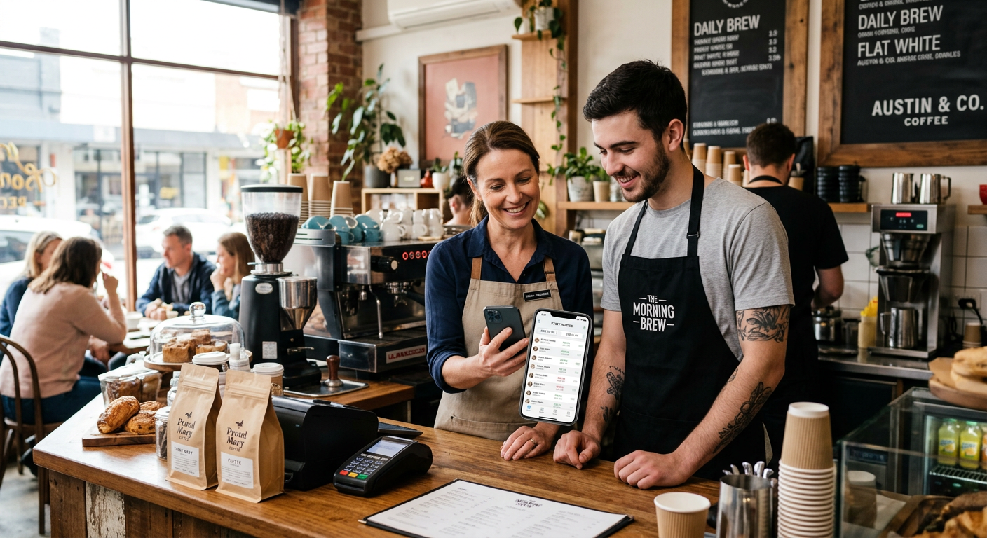 A cafe manager and a young barista checking a staff roster on a smartphone behind the counter